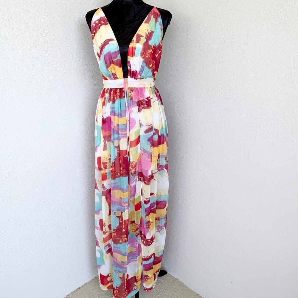 Miss Avenue Abstract Watercolor Maxi Dress Women Large Multicolor MA5610